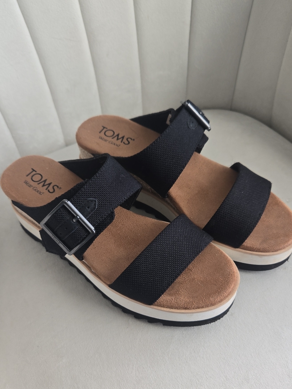 TOMS Black Canvas Platform Slide Sandals